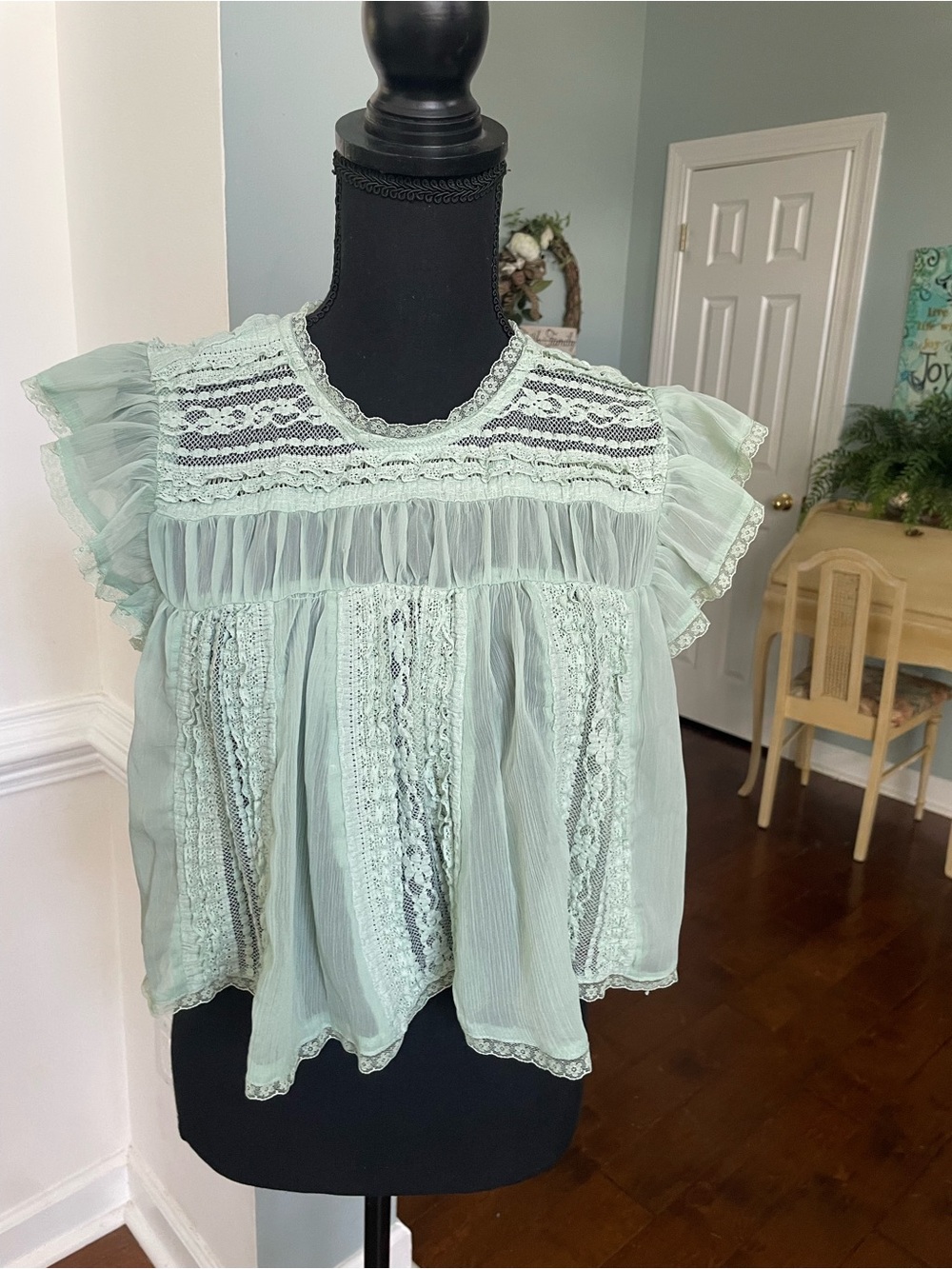 NWOT Free People Mint Green Lace Ruffle Blouse